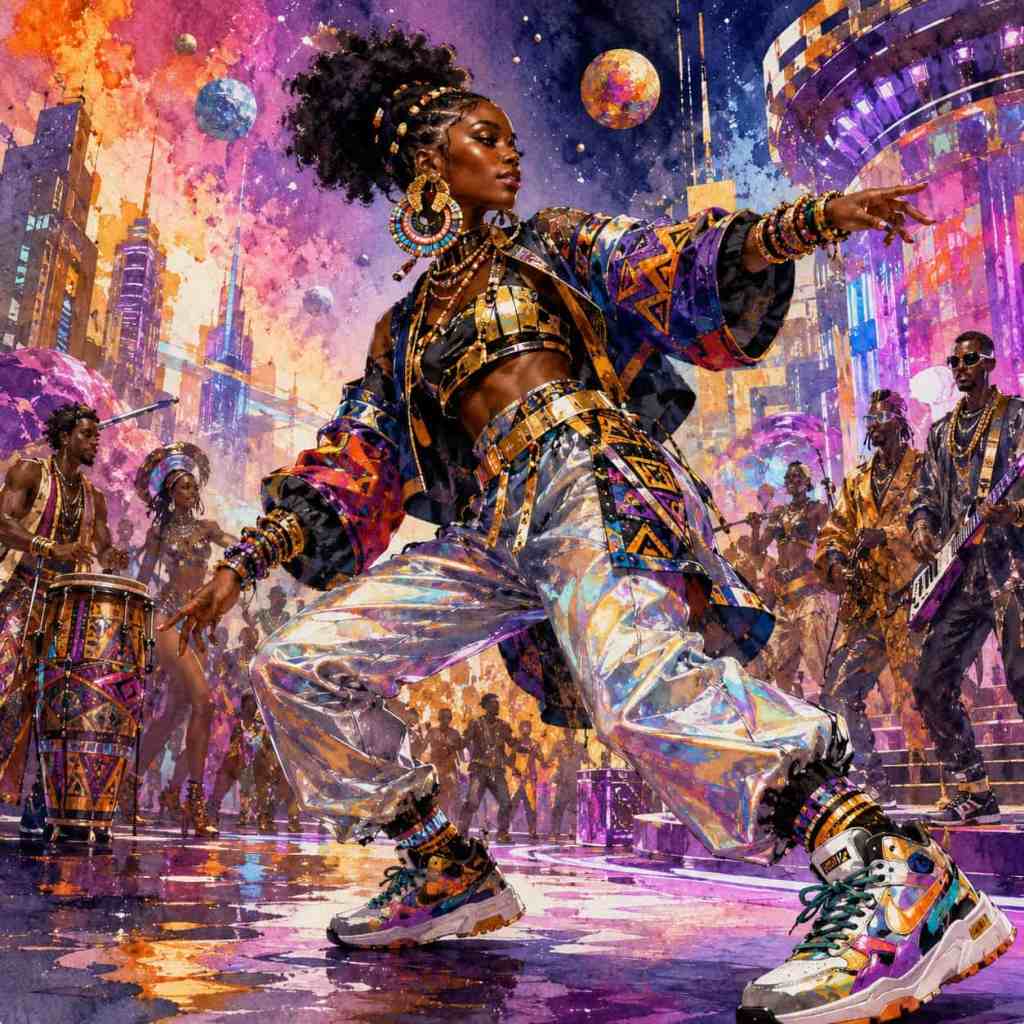 Afro-Pop Futurismus. Žena v barevném oblečení tančí na ulici, zatímco kolem něj hrají muzikanti a pozadí je plné futuristických budov a planet.