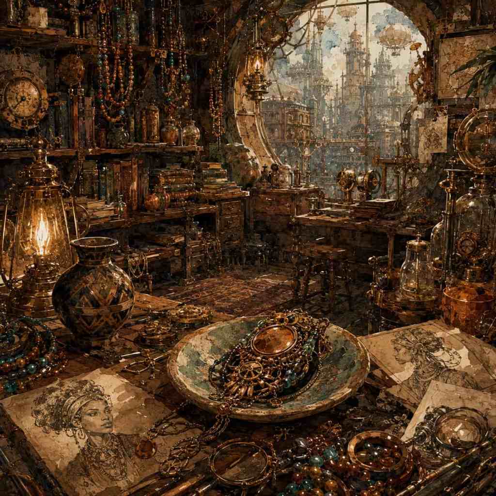 steampunk afrofuturismus. Interiér starožitného obchodu s hodinami, šperky a knihami, okno poskytuje výhled na město s krásnou architekturou.