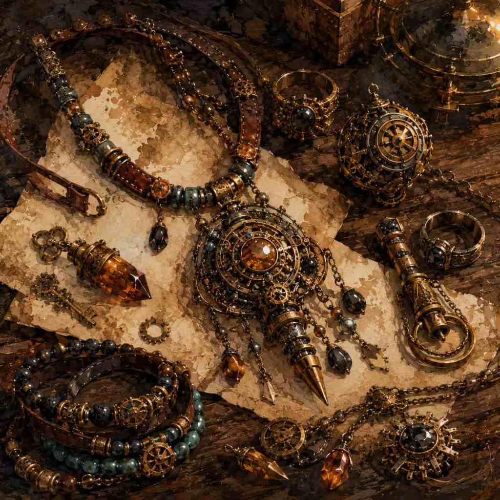Sada steampunk šperků v různých designech, včetně náhrdelníku, náramků a ozdob, umístěná na starém papíru a dřevěném povrchu.