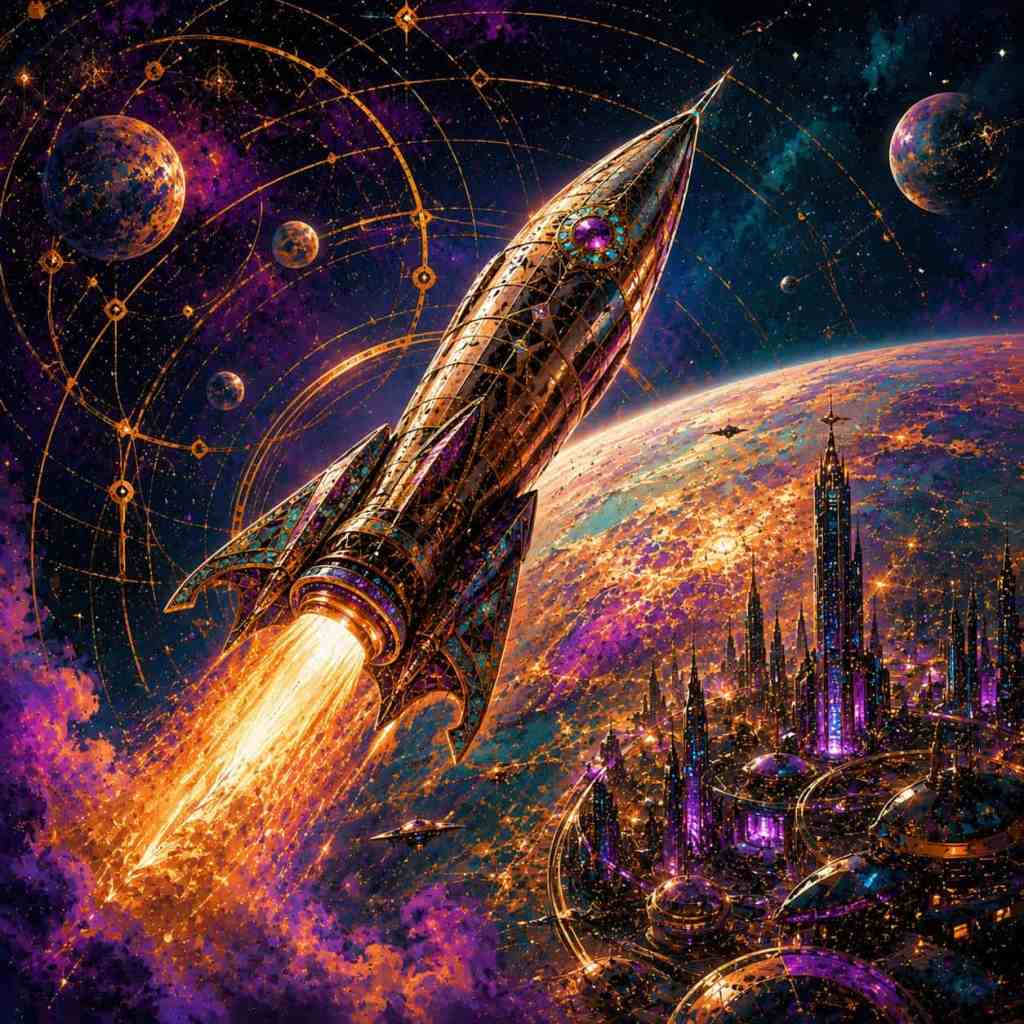 Vesmírná raketa stoupající nad planetou s futuristickým městem a hvězdami na pozadí.