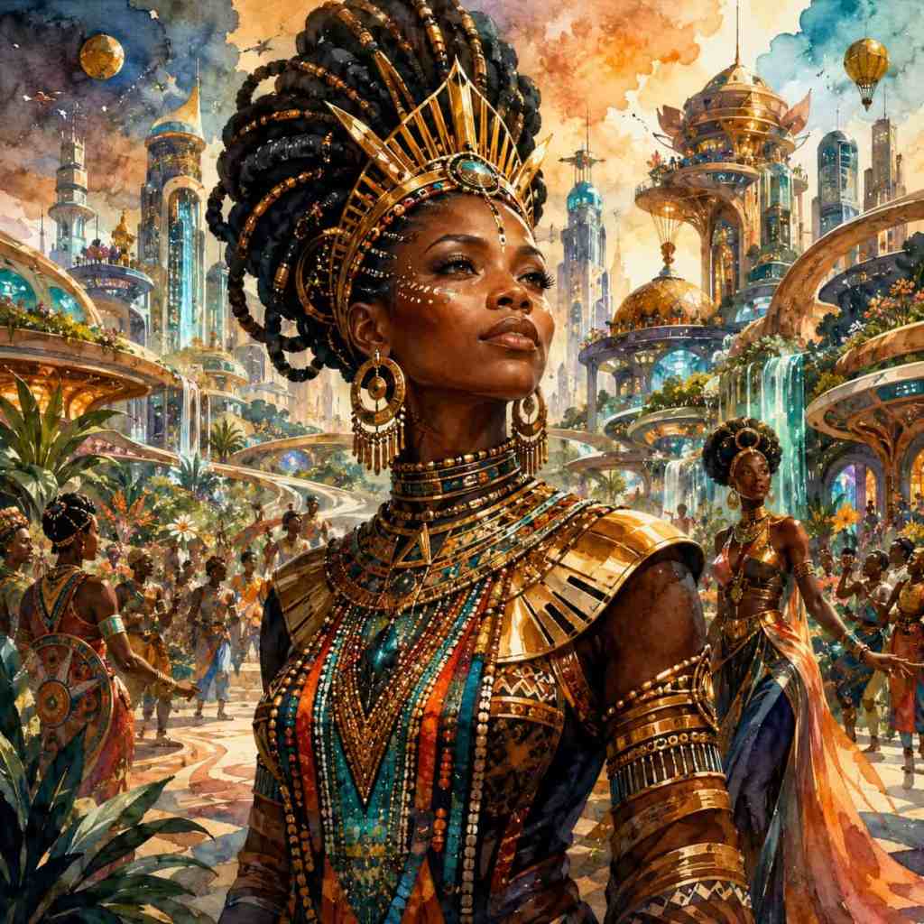 Afrofuturistická utopie. Žena v nádherném ankh šperku a tradičním oděvu, s bohatými detaily a etnickými motivy, stojící v futuristickém městě s výškovými budovami a vodopády v pozadí.