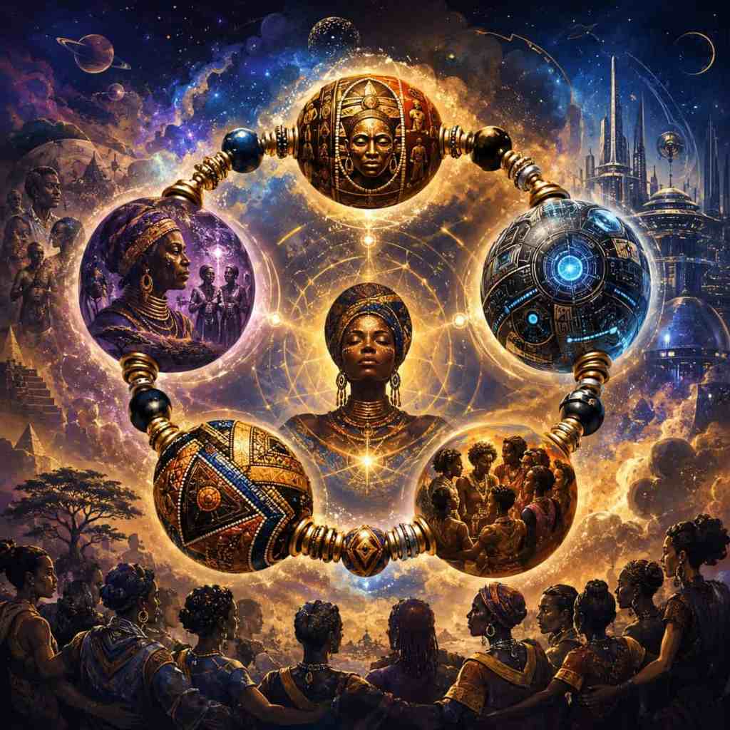 Ilustrace znázorňuje africkou kulturu a historii, s postavami obklopenými mystickými objekty v kosmickém prostředí.