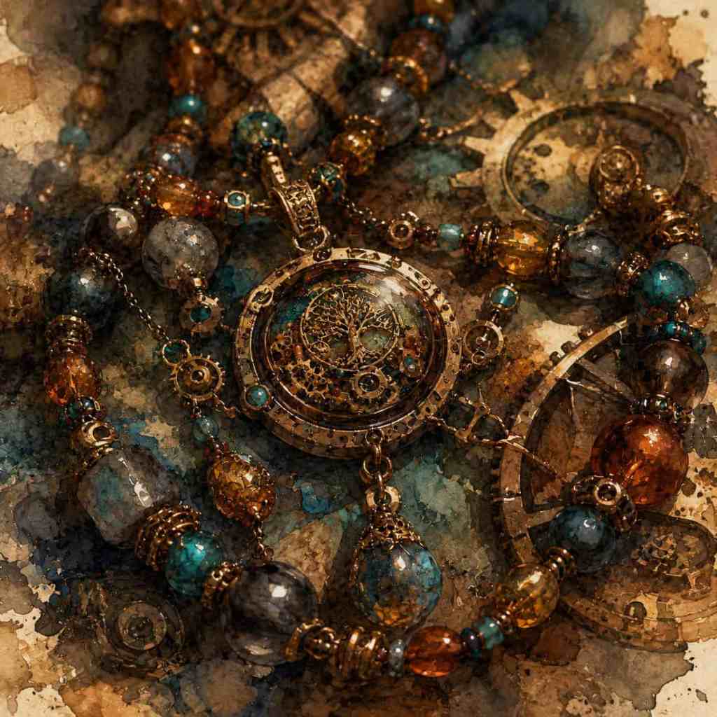 Detailní záběr na náhrdelník s medailonem a kuličkami různých barev, inspirovaný steampunkovým stylem.