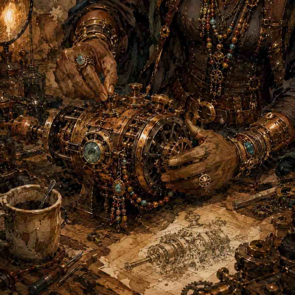 Detailní záběr na ruce mechanika pracujícího na zlatém steampunkovém motoru, obklopený nástroji a kresbami.