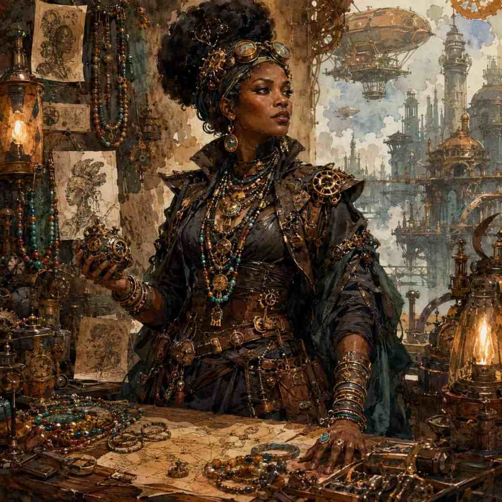 Žena v historickém steampunkovém oděvu, obklopená starožitnostmi a ozdobami, držící mechanický objekt, za ní futuristické město.