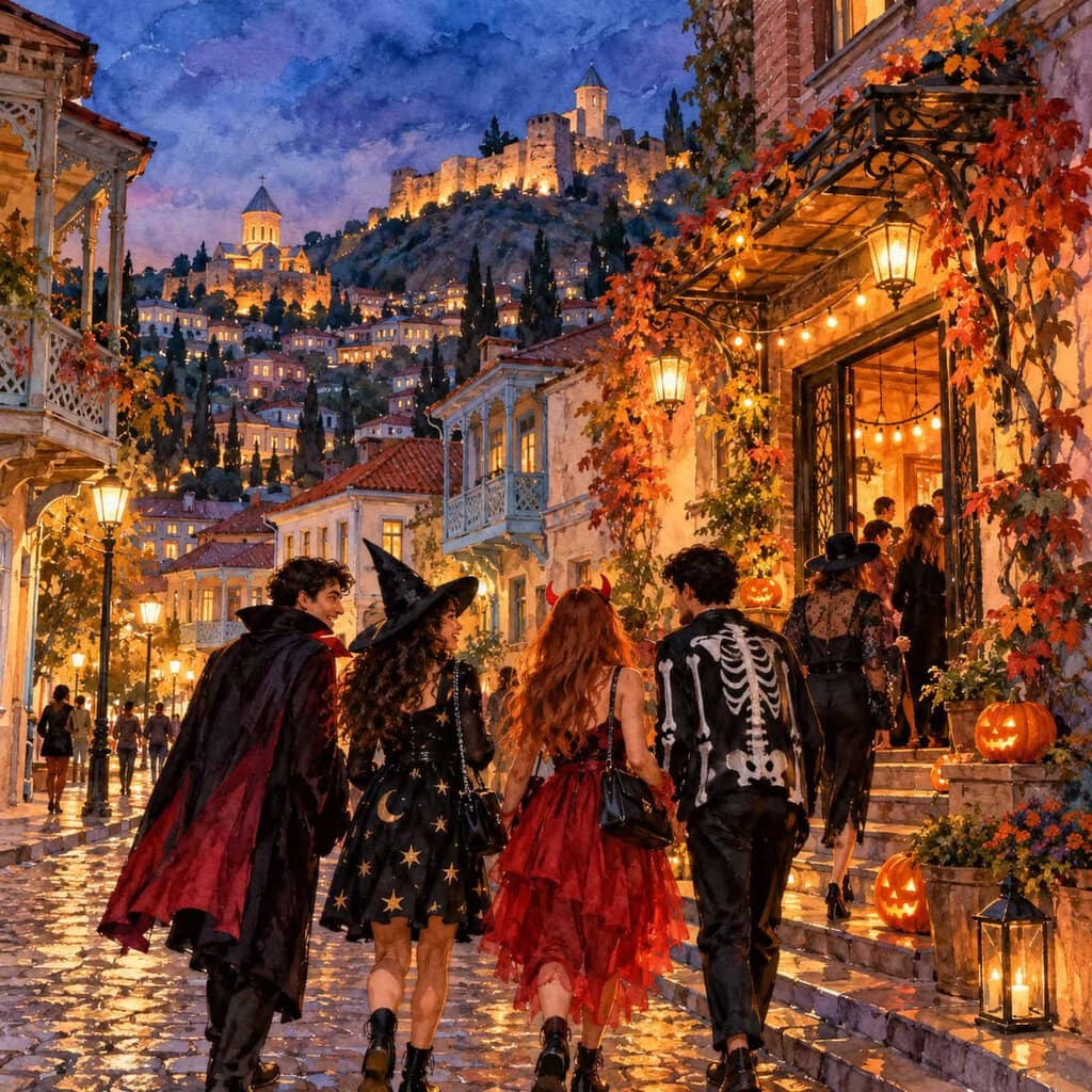 A contemporary Halloween scene in Tbilisi with an autumn atmosphere, lights and urban architecture.