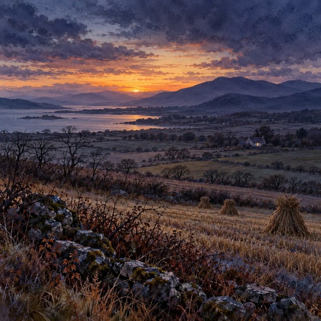 Paysage à l’aube avec montagnes, rivière et maison isolée, entourée de petits champs et de broussailles.