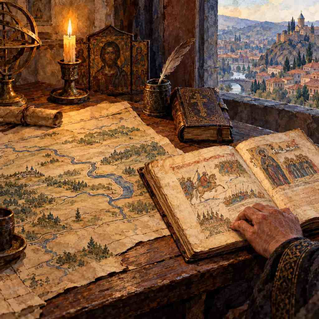 Des cartes historiques et de vieux livres reposent sur une table près d’une bougie, avec une ville et des collines à l’arrière-plan.
