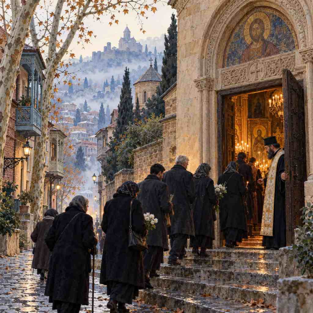Des personnes vêtues de sombre entrent dans une église orthodoxe ornée d’icônes ; le Tbilissi historique et une église sur une colline apparaissent derrière elles.