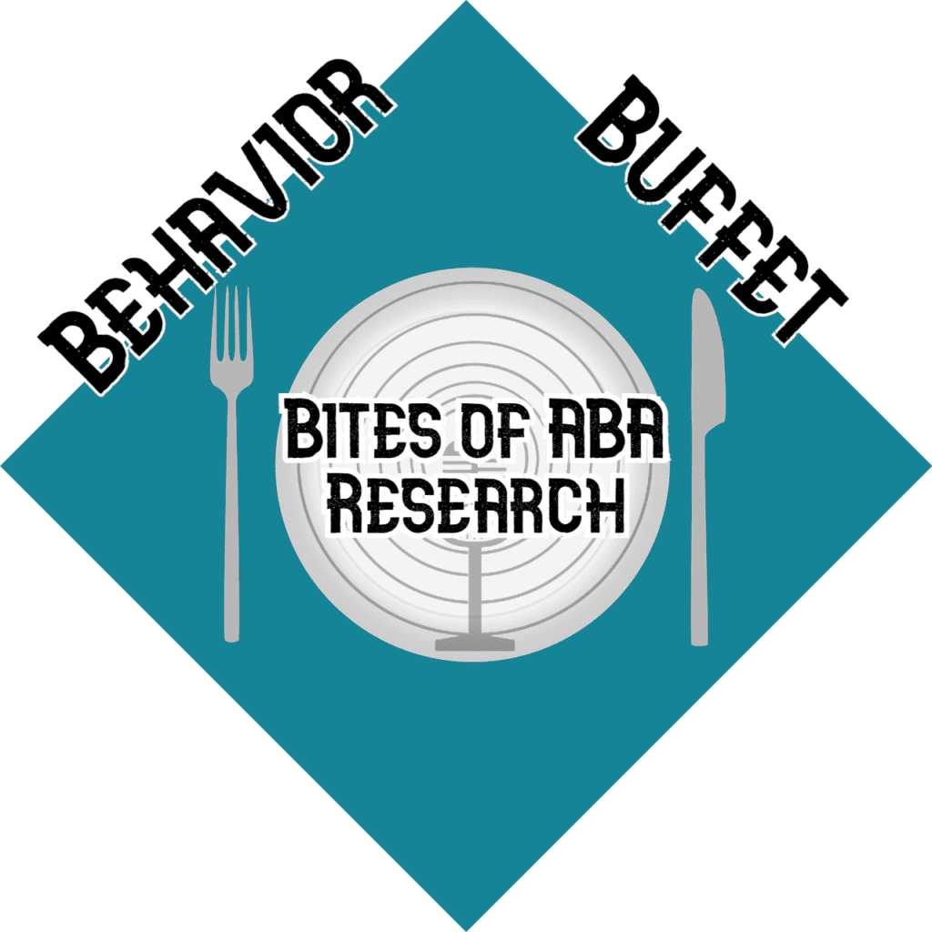 Behavior Buffet: Bites of ABA Research podcast logo displaying the name of the podcast, microphone in the center on a plate with a fork and knife on the sides on a teal diamond background