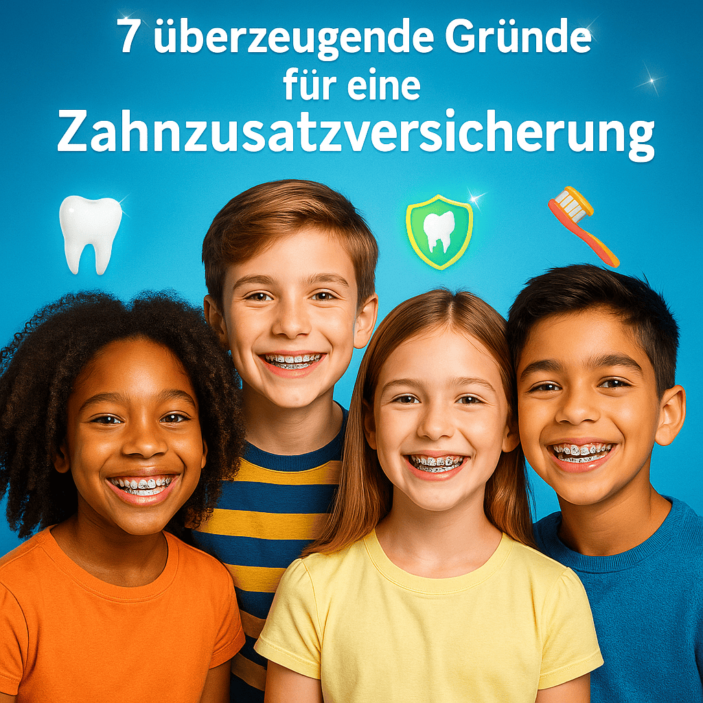 Lächelnde Kinder im Alter von 8–12 Jahren mit bunten Zahnspangen vor blauem Hintergrund mit Zahnsymbolen und dem Text „7 überzeugende Gründe für eine Zahnzusatzversicherung“.