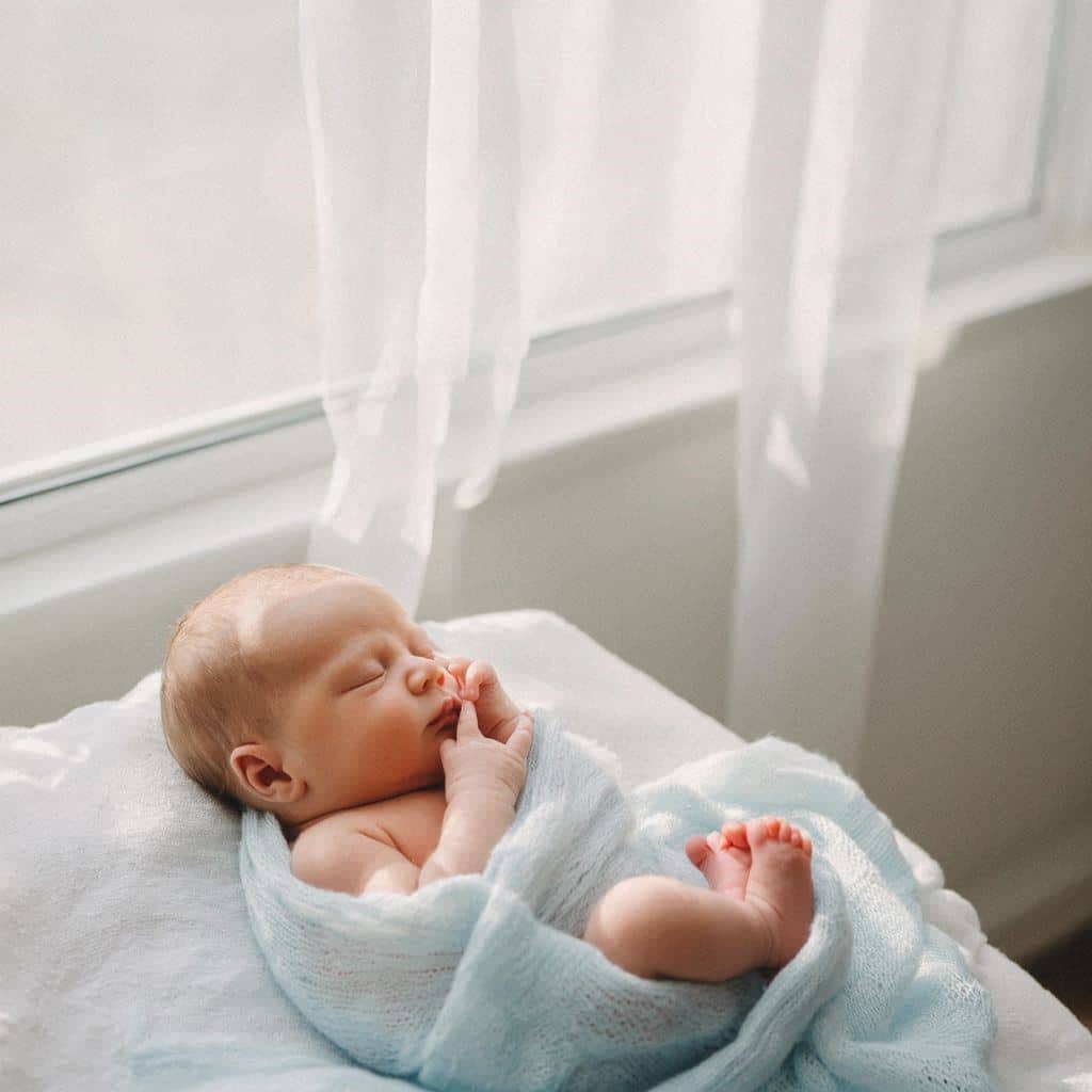 A baby peacefully napping in daylight near a window with soft curtains. Baby Sleep Schedule