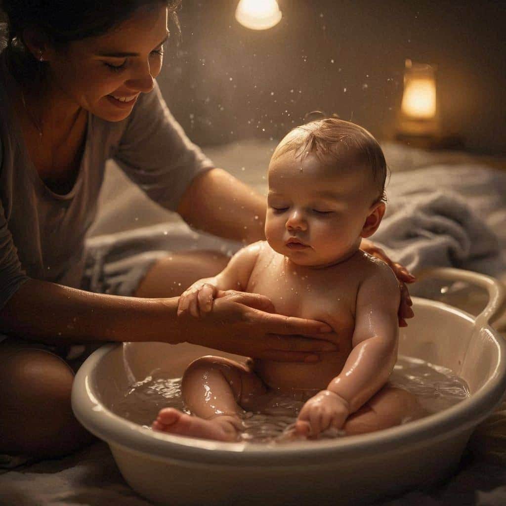 A parent bathing or massaging a baby before bedtime — cozy, peaceful atmosphere. Baby Sleep Schedule