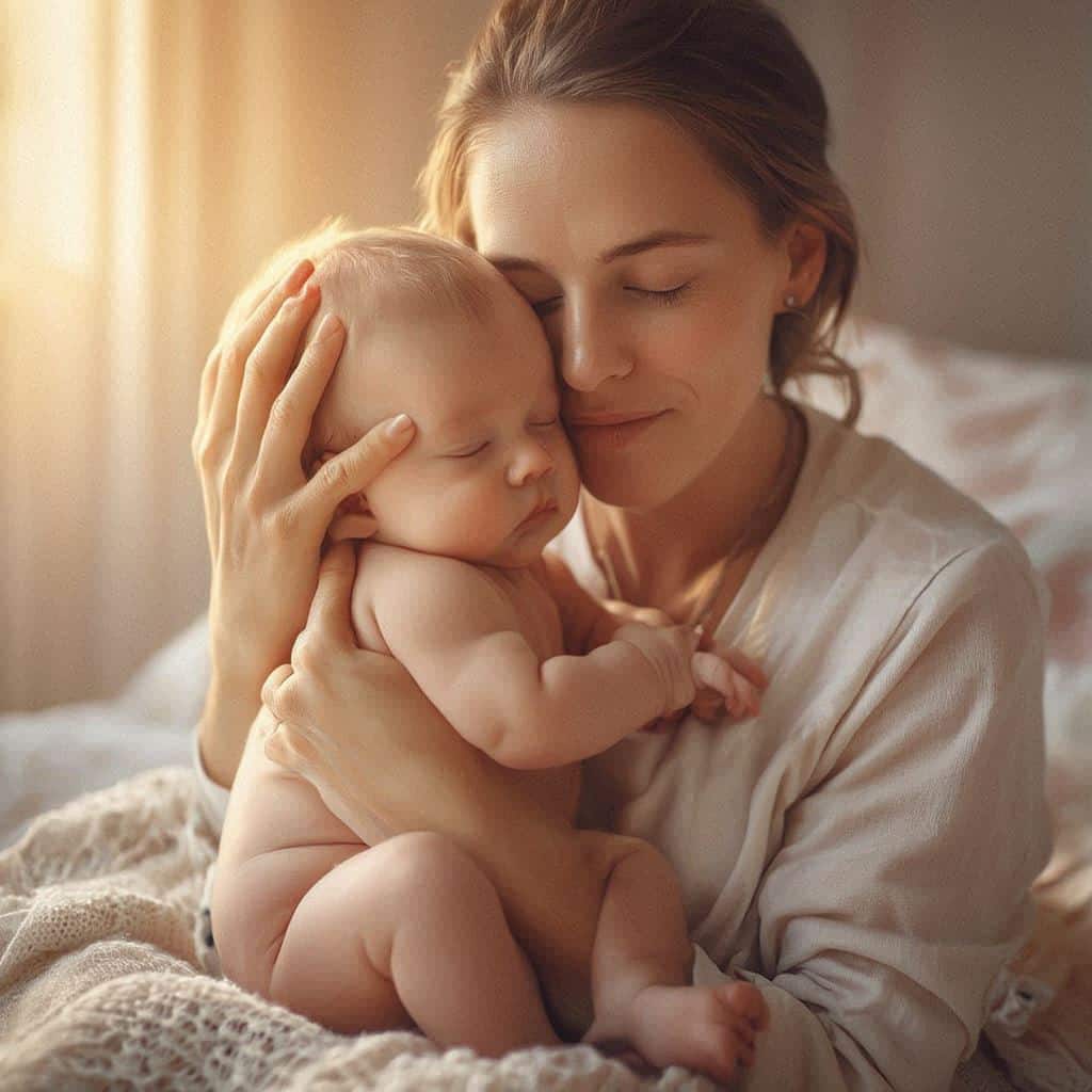 mother cuddling her baby