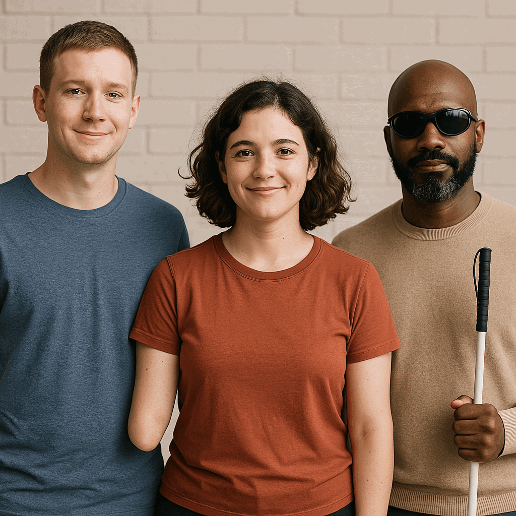Picture three happiness-powered humans with diverse talents, smiling for anyone with full sight, but the real party’s happening in this alt text. Cheers to inclusion, whether you see the smiles or just sense the good vibes!