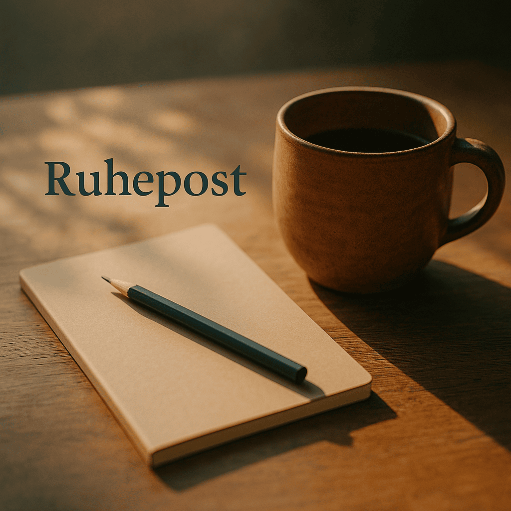 Block und Stift, daneben eine Kaffeetasse für den Newsletter namens Ruhepost