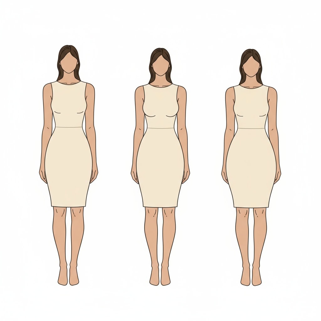 Three women in identical fitted sleeveless dresses, each displaying a different hourglass body type: one balanced, one with a noticeably fuller bust and narrower hips (top hourglass), and one with fuller hips/thighs and a smaller bust (bottom hourglass), all on a plain background.