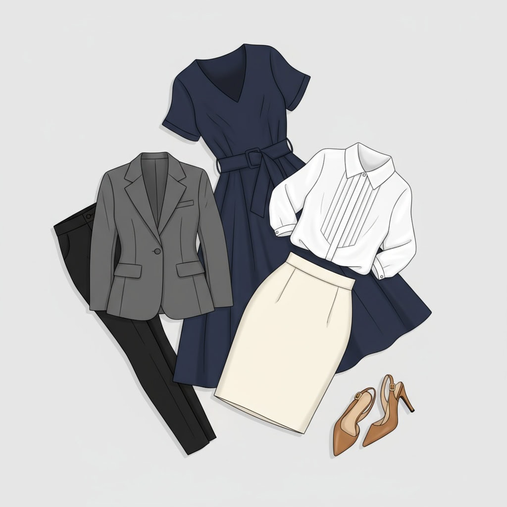 Flat lay of capsule wardrobe pieces for an hourglass figure, featuring a tailored blazer, fitted trousers, pencil skirt, belted dress, structured blouse, and elegant shoes, all neatly arranged on a plain, uncluttered background.