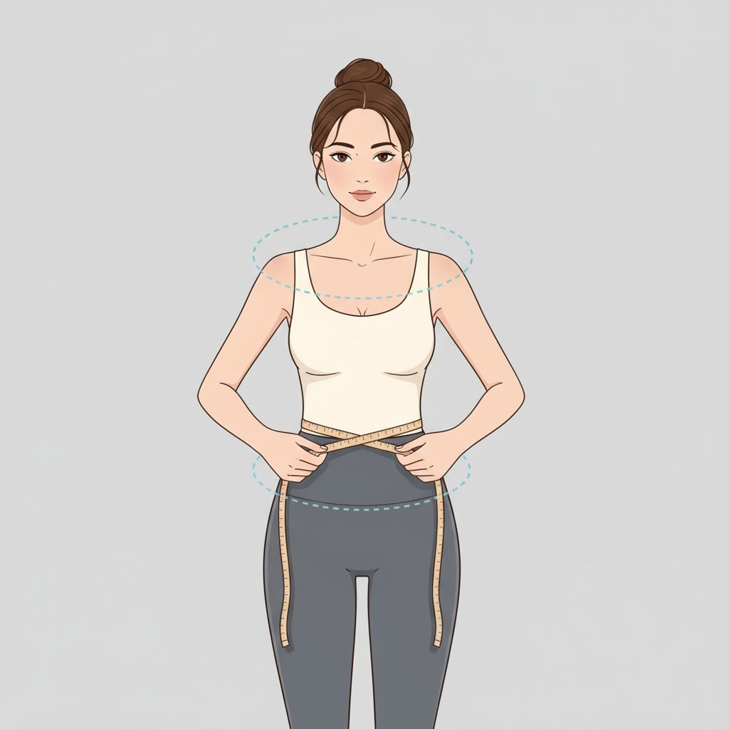 Illustration of a woman with an hourglass figure measuring her bust, waist, and hips with a tape measure, with the measurement areas subtly highlighted, on a simple, uncluttered background.
