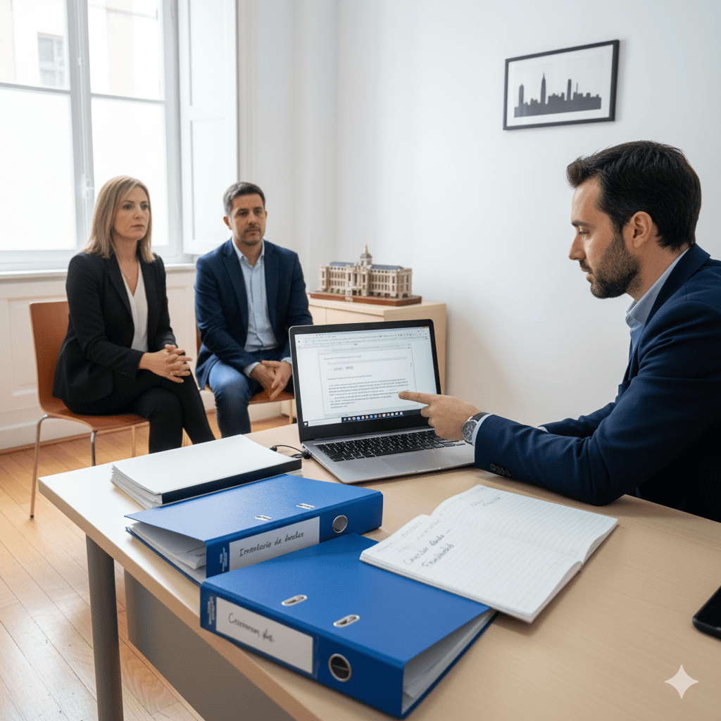 Abogado en Fuenlabrada explicando la Ley de Segunda Oportunidad a una pareja para cancelar deudas, con documentos legales sobre la mesa y la pantalla mostrando el artículo 488 del TRLC