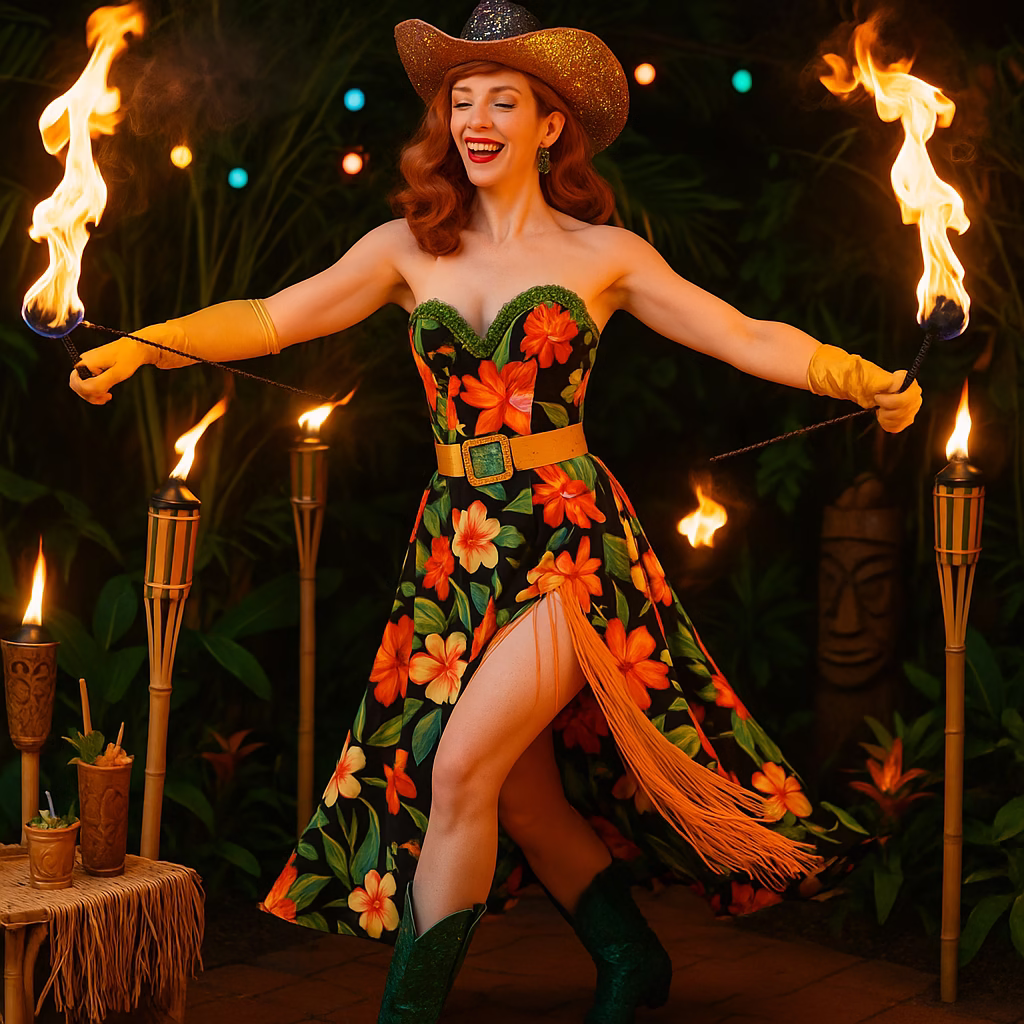 Red Hot Annie performing with fire fans during a luxury gala — professional fire dancer for hire delivering ritual performance and gala fire entertainment across the USA.