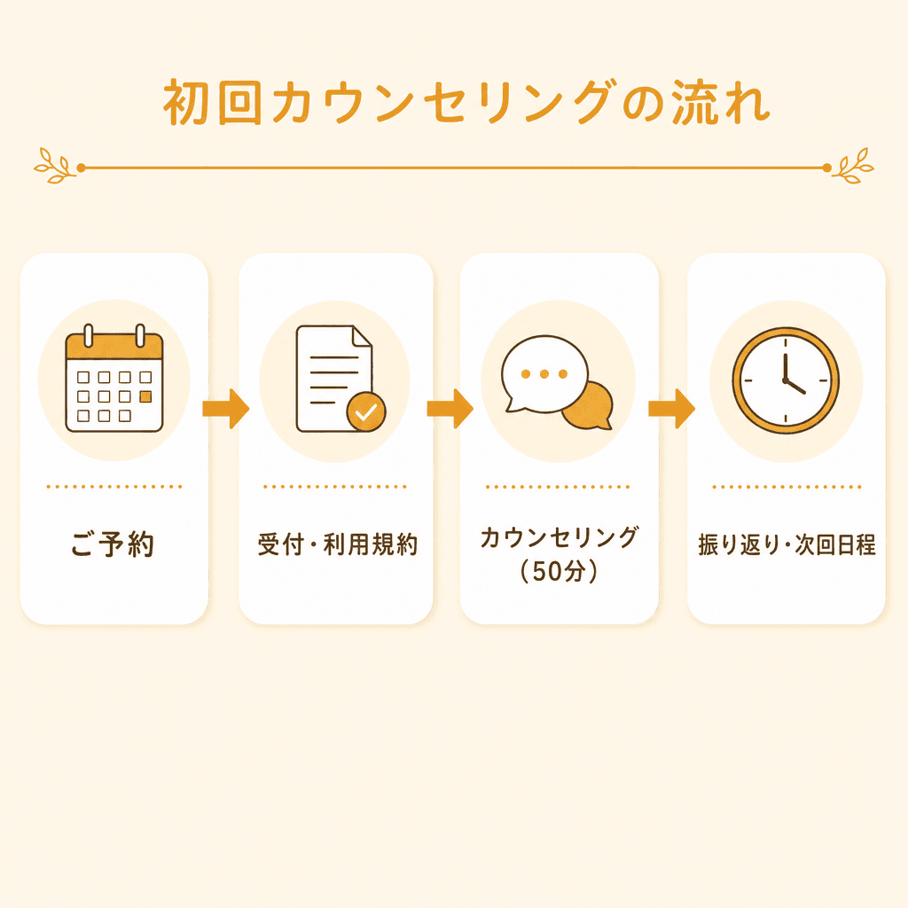 札幌の初回カウンセリングの流れを示す図解。予約から受付、50分のカウンセリング、振り返りまでの4ステップ