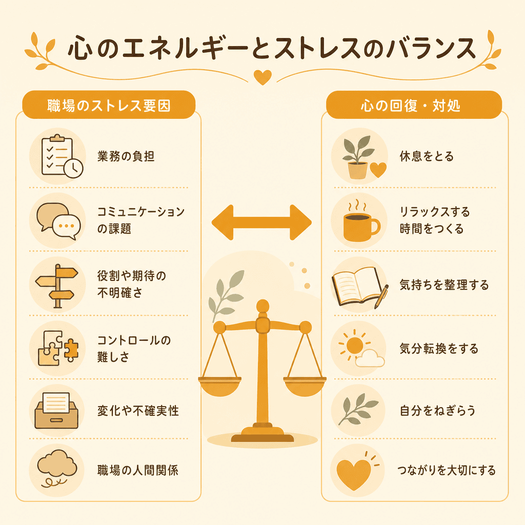 心のエネルギーとストレスのバランスを天秤で示す図解。職場のストレス要因と回復・対処法の比較