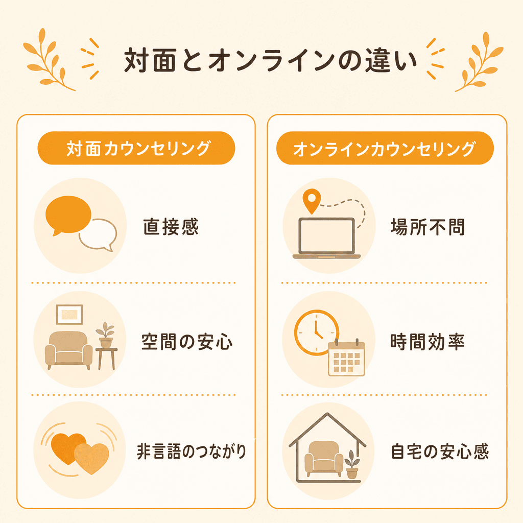 対面カウンセリングとオンラインカウンセリングの違いを示す比較図解。直接感や空間の安心と、場所不問の手軽さの対比