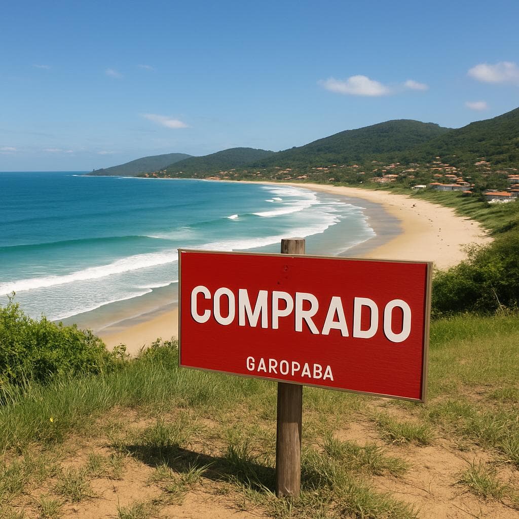 Terreno imobiliário com placa "VENDIDO", ideal para investimento ou construção residencial na regiao de garopaba.
