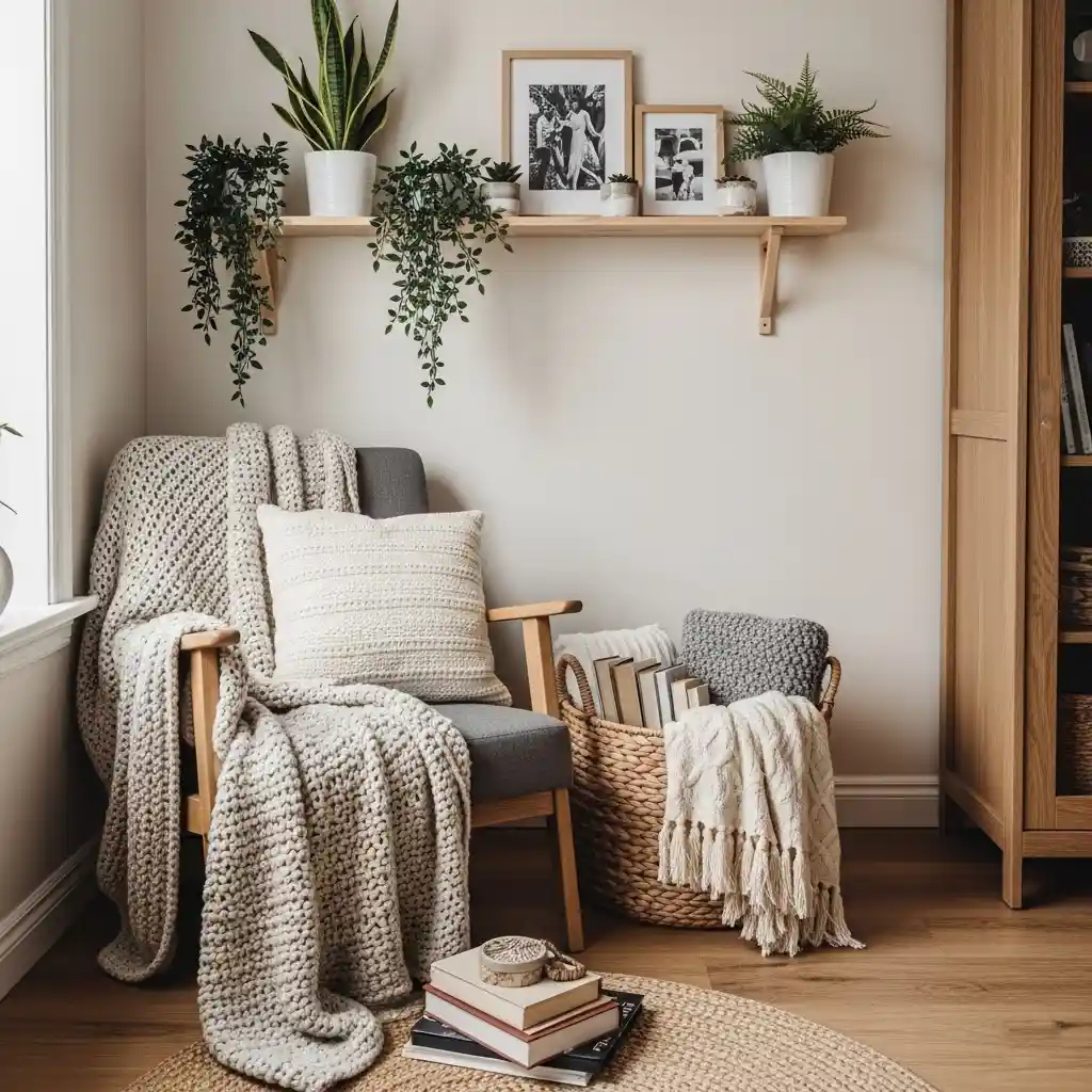 Organized nook with basket and shelf