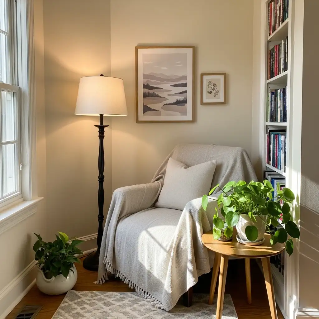 Small green plants brighten reading nook