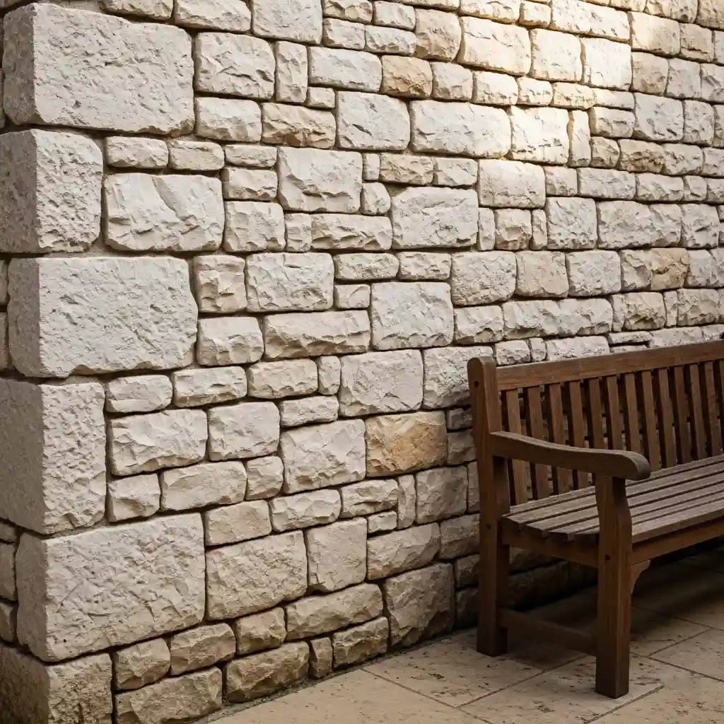 Rough limestone wall with wooden bench