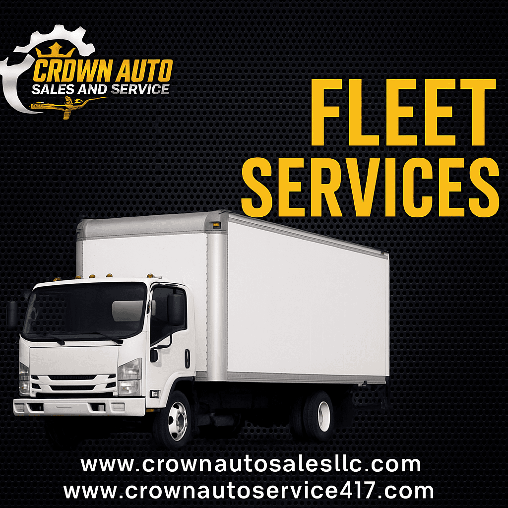 A white delivery truck on a dark textured background with the text'FLEET SERVICES' in bold yellow letters and the Crown Auto logo above.