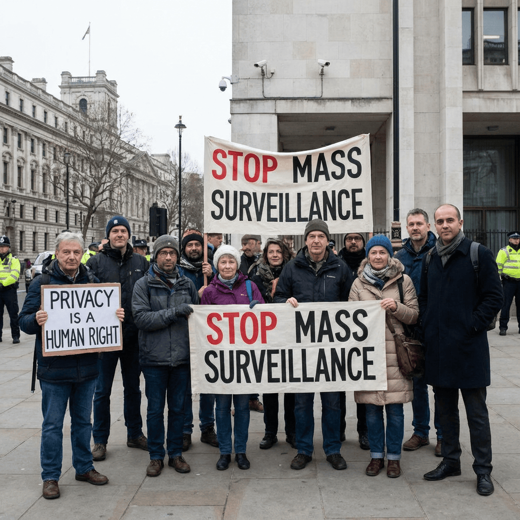 Group of protestors holding signs saying 'PRIVACY IS A HUMAN RIGHT' and 'STOP MASS SURVEILLANCE'.