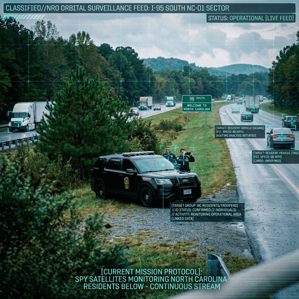 Two police officers near a patrol SUV watching traffic on a highway next to a North Carolina welcome sign