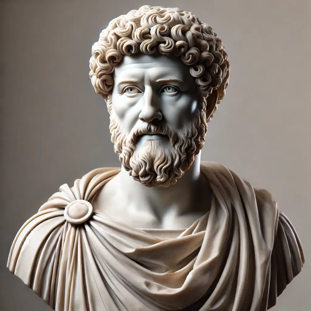 Historical Figures Bust of Roman Emperor Marcus Aurelius, representing the strength found in mastering one's mind and moral response.
