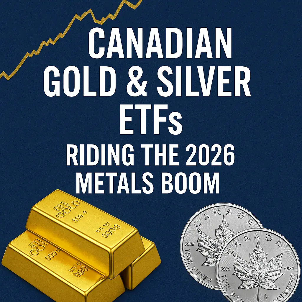 Featured image for Canadian Gold & Silver ETFs article showing gold bars, silver coins, and a rising chart symbolizing the 2026 metals boom.