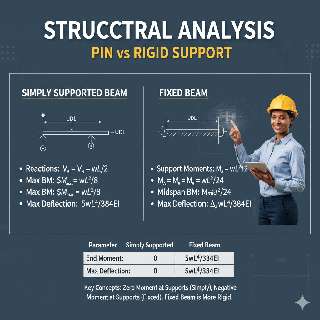 Pin Support vs Rigid Support – Reactions, Bending Moment & Deflection ...