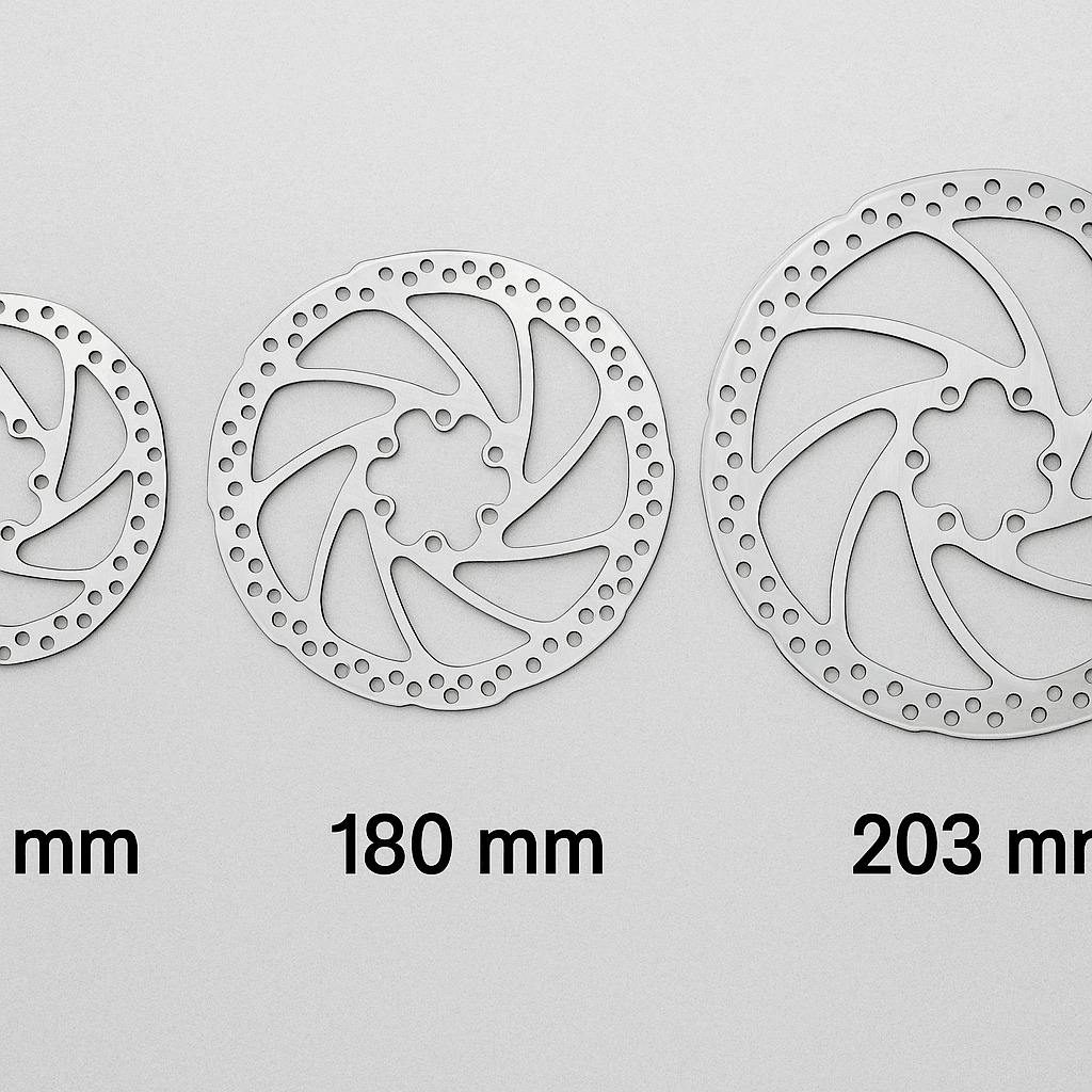 Three bicycle disc brake rotors in 160mm, 180mm, and 203mm sizes displayed side by side.