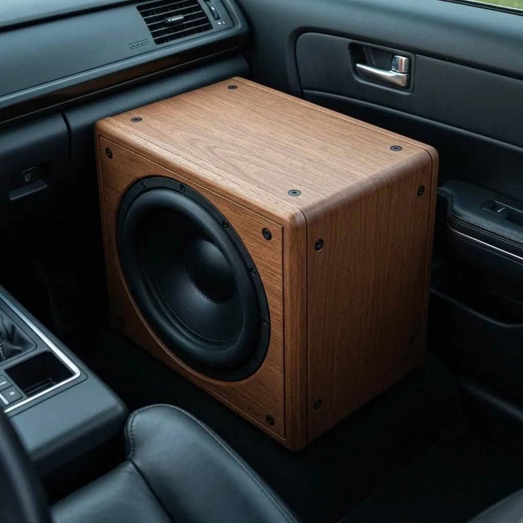 Custom subwoofer enclosure in a vehicle, showcasing craftsmanship and design for optimal sound