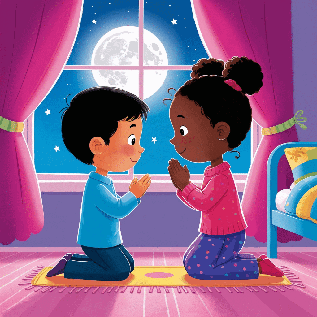 Two children kneel together on a yellow mat, hands clasped in prayer beside a bed with colorful pillows, under a moonlit window.