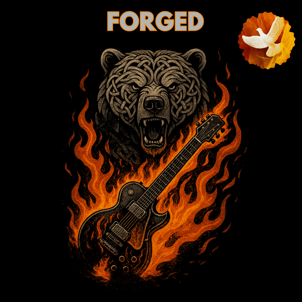 A majestic bear stands firm, guitar ablaze in its grip, surrounded by silver flames and a descending dove. The word “FORGED” glows with divine intensity, symbolizing strength refined by holy fire.