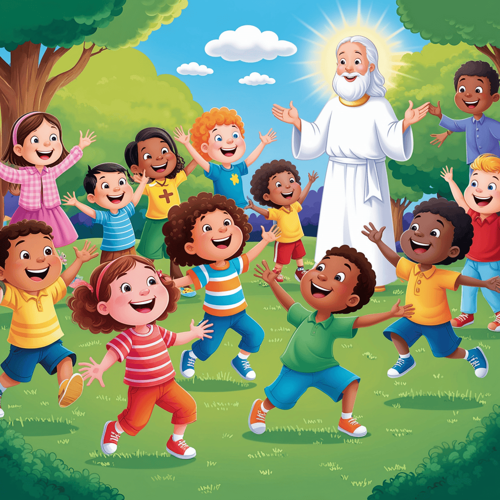 A group of children stand with raised arms on a grassy hill beneath trees and clouds, surrounding a radiant figure in white robes with a glowing halo.