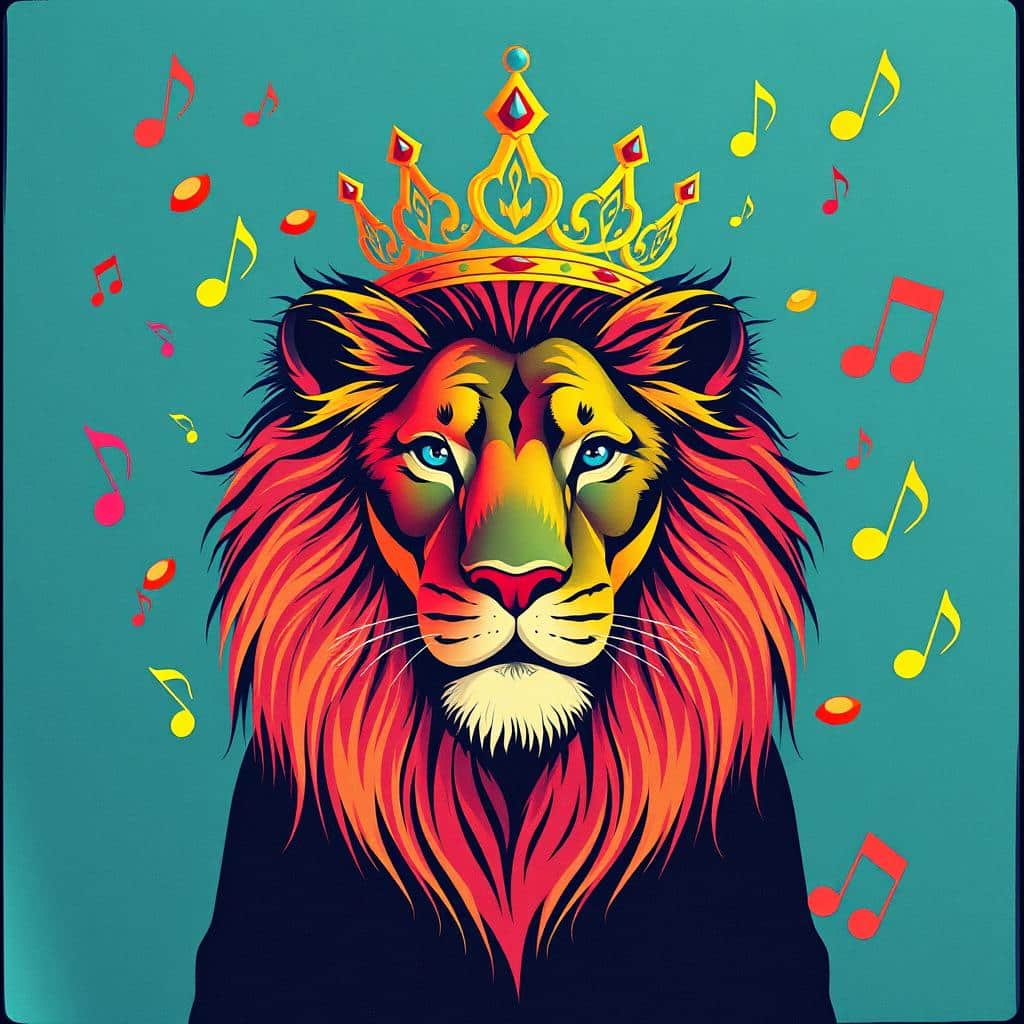 Stylized cartoon lion with a multicolored mane and golden crown, surrounded by vibrant musical notes on a teal background.