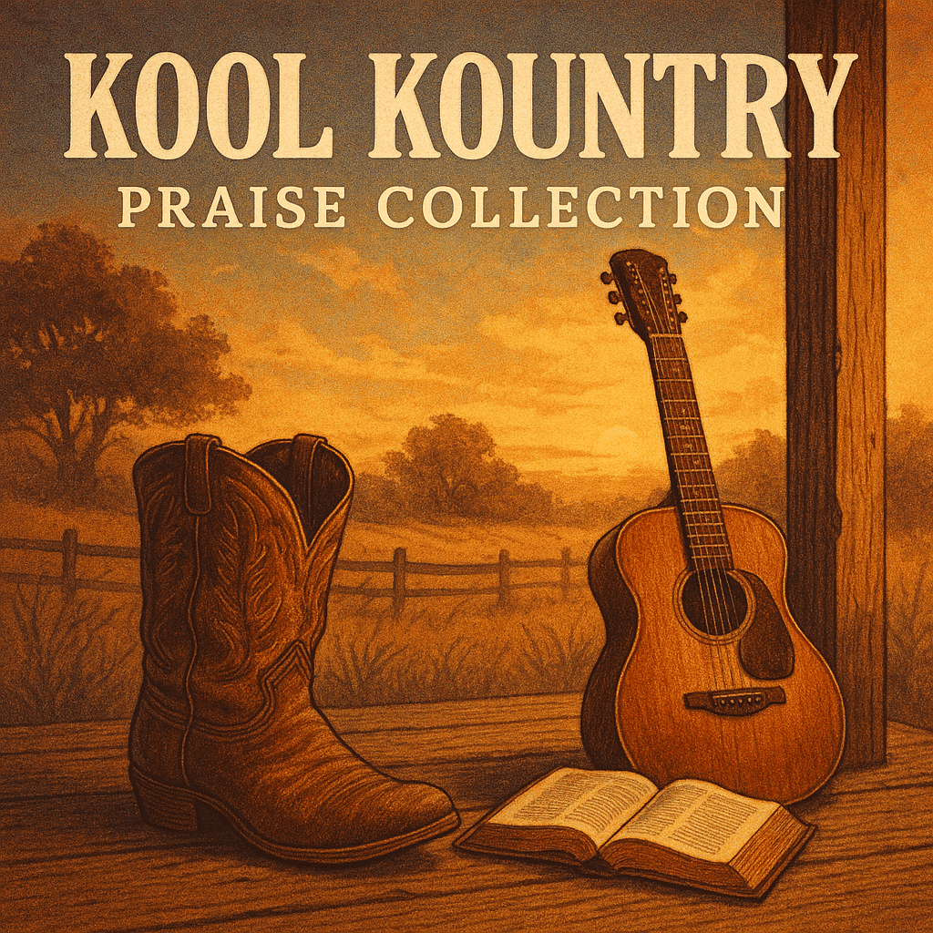 Illustrated cowboy boots resting beside a guitar and open Bible on a weathered porch—bathed in golden sunset light, symbolizing country soul rooted in sacred word