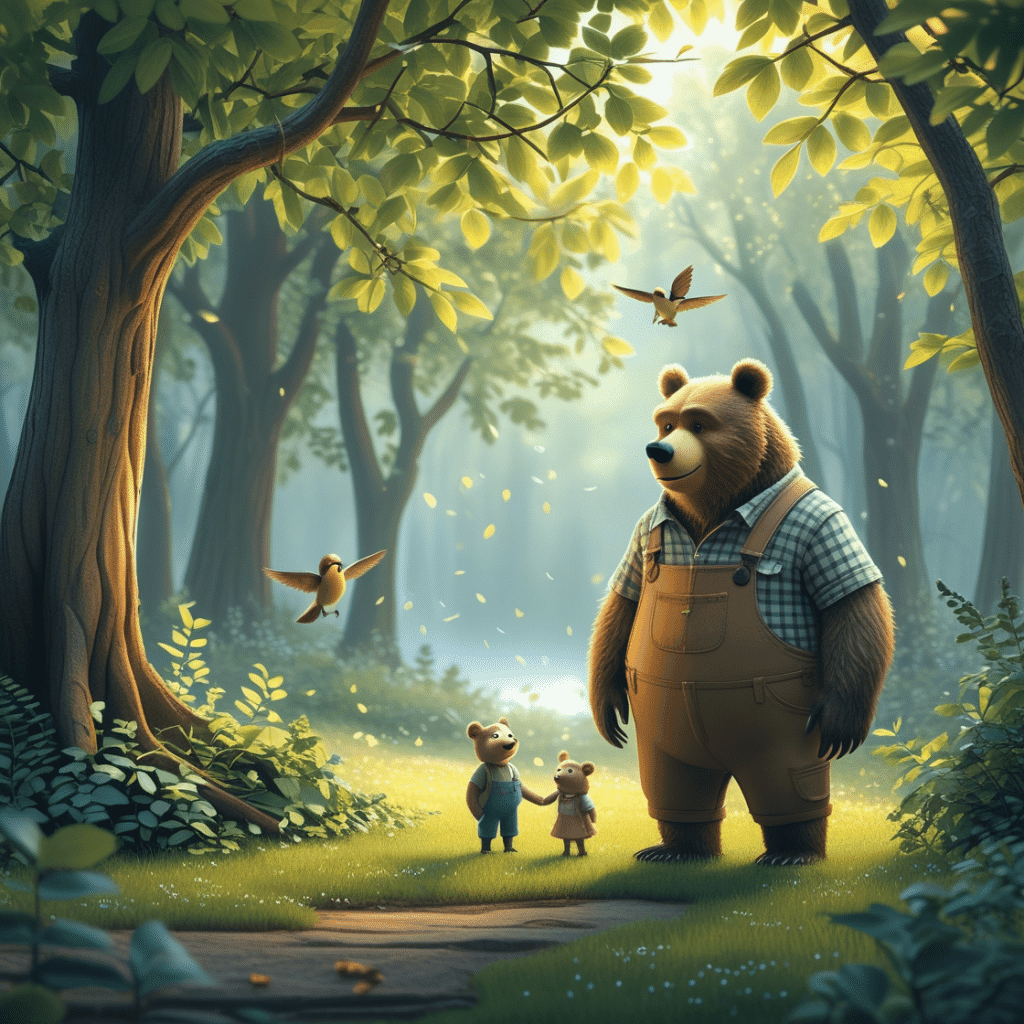 Gentle bear character with a warm smile, symbolizing spiritual guidance and joyful protection in Giggle Grove