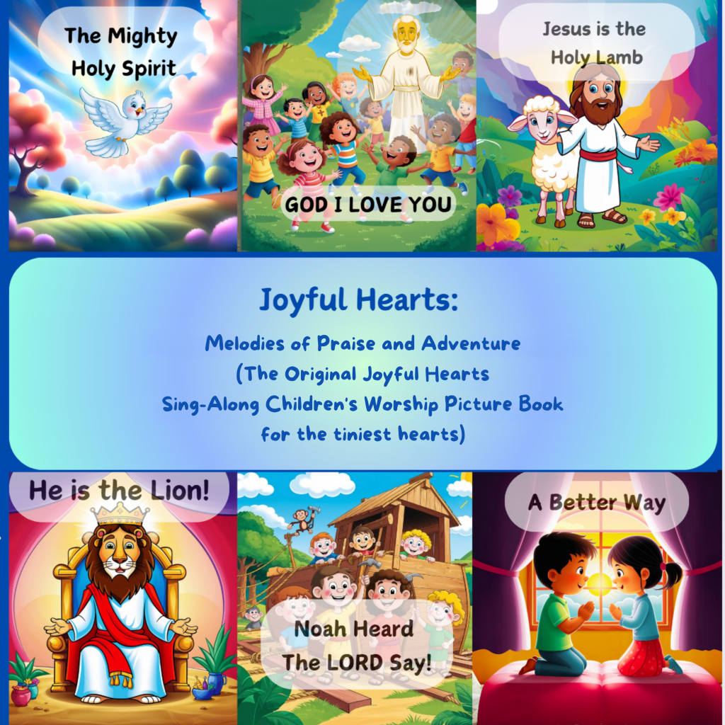 Cover of "Joyful Hearts: Melodies of Praise and Adventure" children's worship picture book featuring colorful colorful biblical illustrations and sing-along themes.