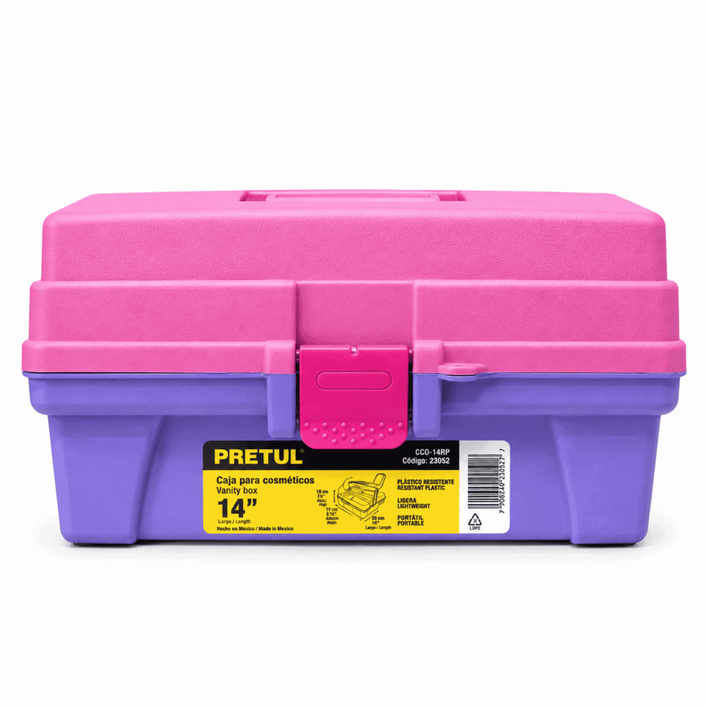 CAJA COSMETIQUERA 14 PULGADAS ROSA MORADO PRETUL