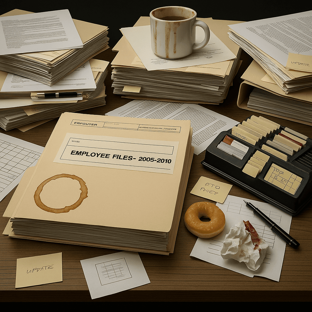 Disorganized HR office desk with employee files from 2005–2010, coffee stains, scattered papers, and outdated recordkeeping—illustrating poor compliance practices.