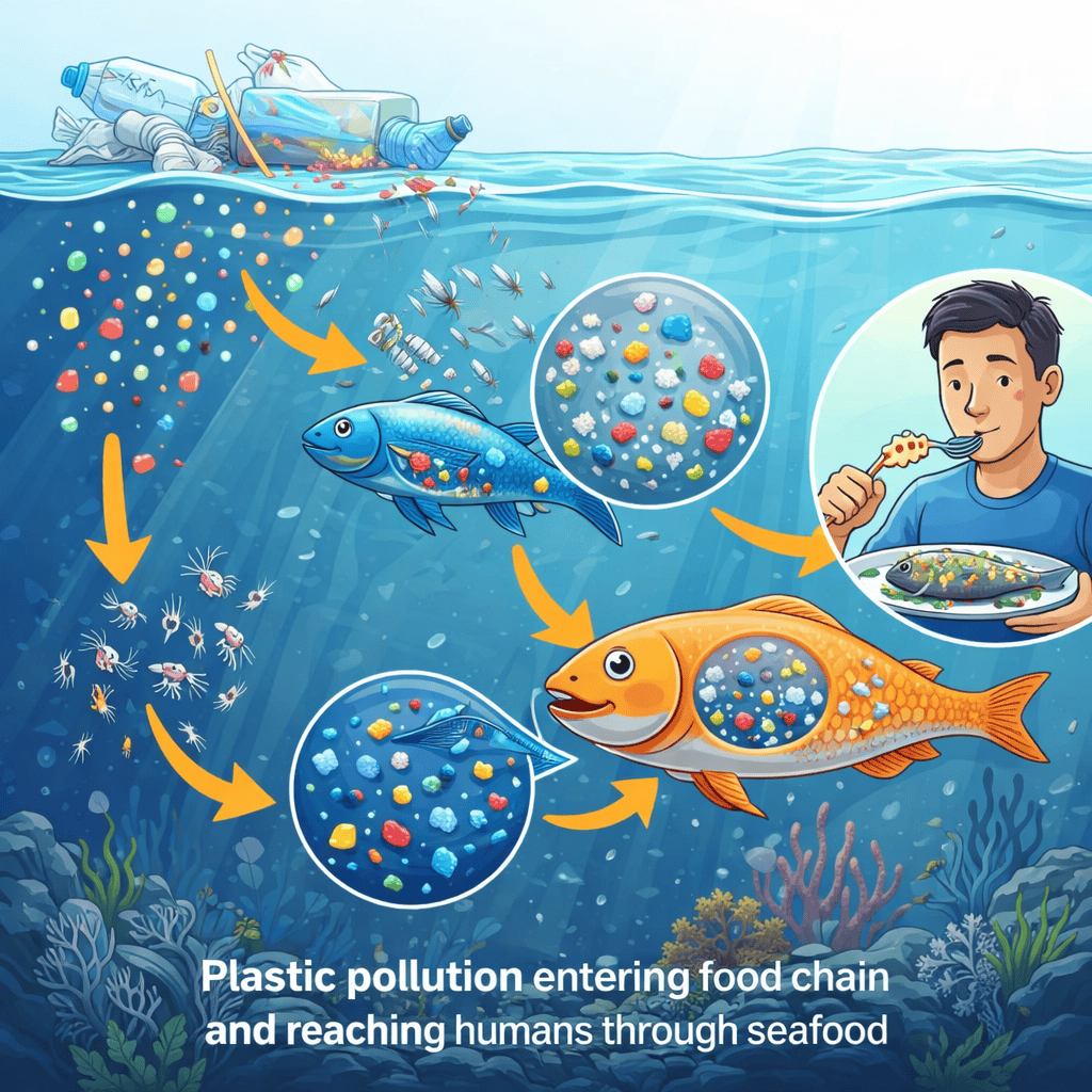microplastic in human body through marine food chain from plastic pollution to fish and seafood